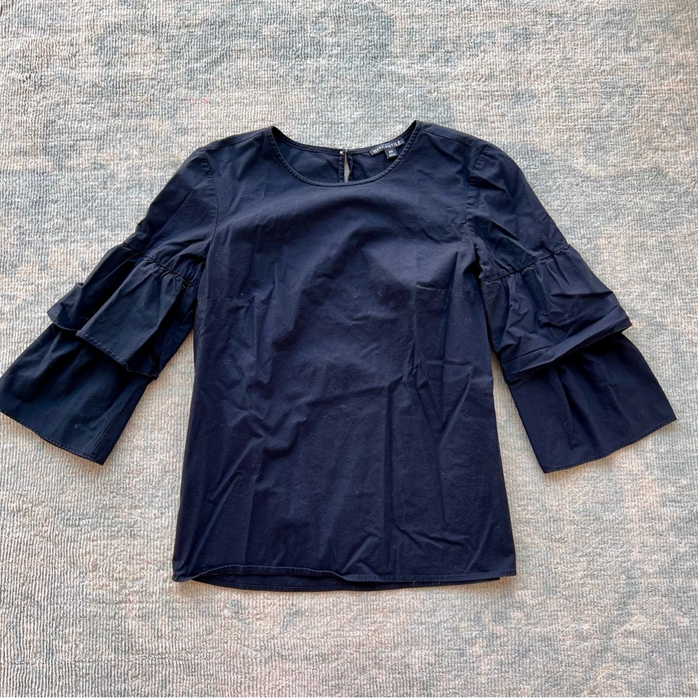 J. Crew Black Ruffle Sleeve Cotton Top